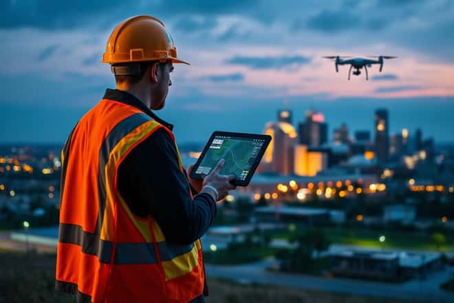 Engineer reviewing a GIS digital twin of damaged infrastructure on a tablet