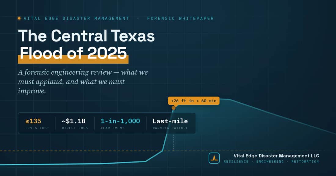 Vital Edge Disaster Management forensic whitepaper — The Central Texas Flood of 2025, +26 ft in under 60 minutes.
